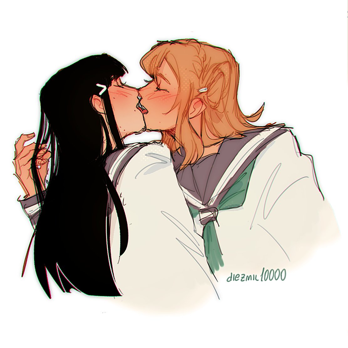2girls, artist_name, black_hair, blonde_hair, blush, closed_eyes, commentary, diezmil10000