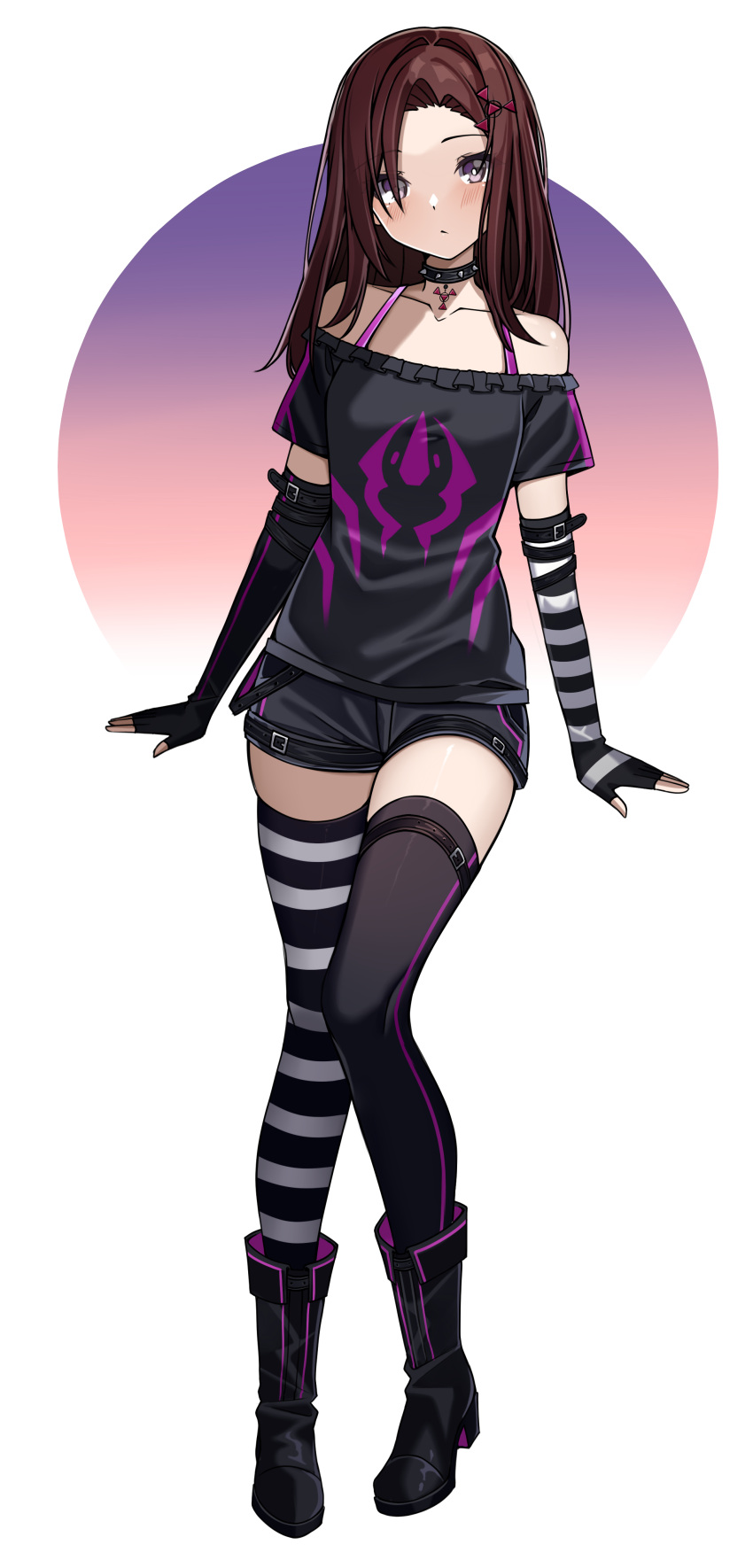 1girl, absurdres, arm_belt, asymmetrical_legwear, bare_shoulders, belt, boots, bra, breasts, brown_hair, choker, commission, commissioner_upload, digital_hazard, dusk_(wayanfa), elbow_gloves, fingerless_gloves, gloves, hair_ornament, highres, jewelry, long_hair, mismatched_legwear, non-web_source, original, pendant, pink_eyes, shorts, sigil, simple_background, small_breasts, striped_clothes, striped_gloves, striped_thighhighs, thigh-highs, thigh_belt, thigh_strap, thighs, underwear, wayanfa