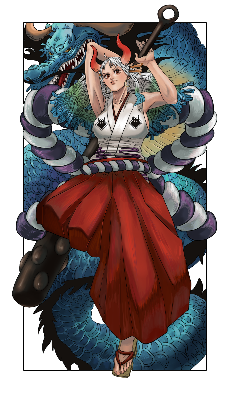 1boy, 1girl, arms_up, blue_hair, blunt_ends, border, club_(weapon), dragon, earrings, father_and_daughter, full_body, geta, green_hair, hair_ornament, hakama, highres, holding, holding_weapon, horns, japanese_clothes, jewelry, kaidou_(one_piece), kanabou, kimono, looking_at_viewer, multicolored_hair, obaba06, one_piece, rectangle, red_hakama, red_horns, rope, sharp_teeth, shimenawa, sidelocks, sleeveless, sleeveless_kimono, teeth, thick_eyebrows, v-shaped_eyebrows, weapon, white_border, white_hair, white_kimono, yamato_(one_piece), yellow_eyes