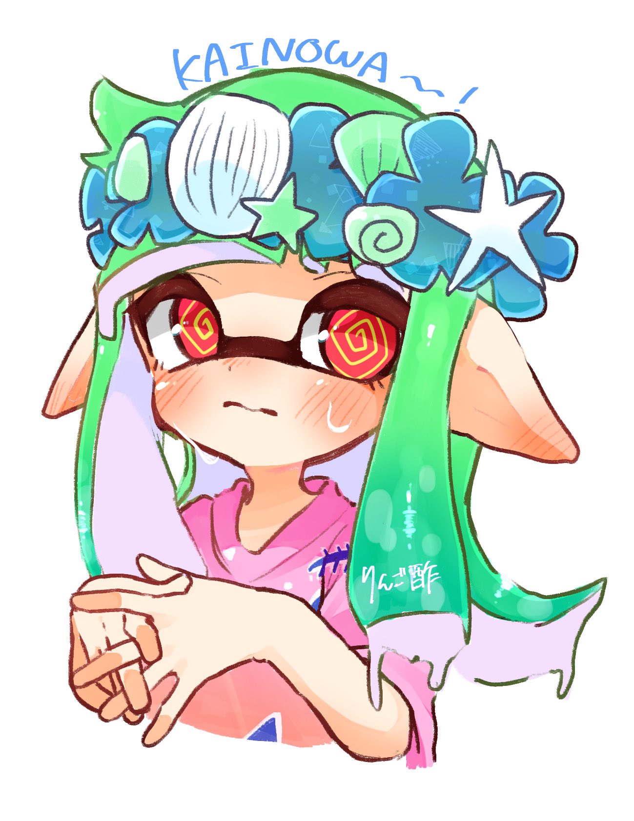 1girl, @_@, blush, closed_mouth, commentary, green_hair, head_wreath, highres, inkling, inkling_girl, inkling_player_character, long_hair, own_hands_together, pink_shirt, pointy_ears, red_eyes, shirt, simple_background, solo, splatoon_(series), splatoon_3, tentacle_hair, upper_body, vq32s, white_background