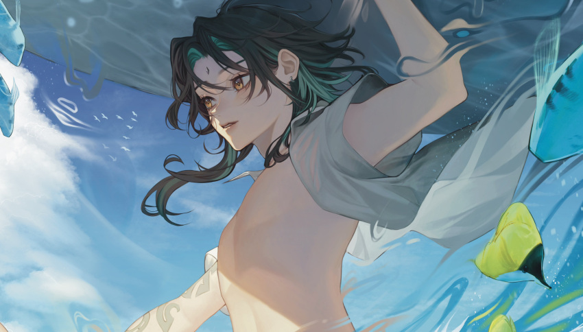 1boy, absurdres, arm_tattoo, arm_up, bird, black_hair, blue_sky, brown_eyes, clouds, earrings, facial_mark, flock, forehead_mark, from_side, genshin_impact, green_hair, highres, jewelry, looking_ahead, male_focus, multicolored_hair, open_clothes, open_shirt, outdoors, parted_lips, pectorals, sevkyi, short_sleeves, skinny, sky, solo, tattoo, teeth, two-tone_hair, water, white_bird, xiao_(genshin_impact)