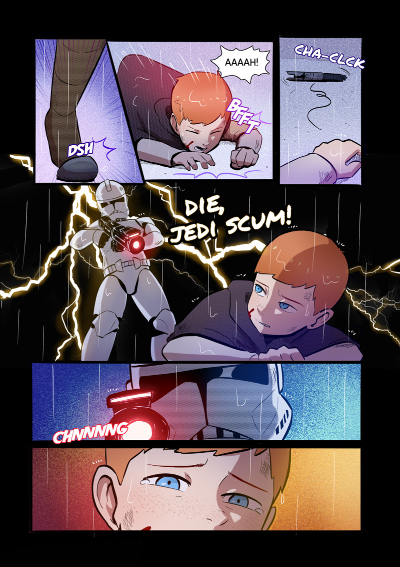 1boy, blood, blue_eyes, braid, cal_kestis, child, clone_trooper, close-up