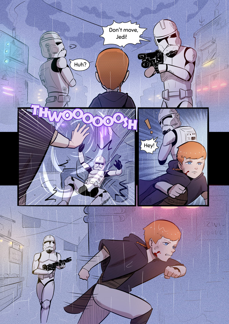 3boys, blood, blue_eyes, braid, cal_kestis, child, clone_trooper, commentary