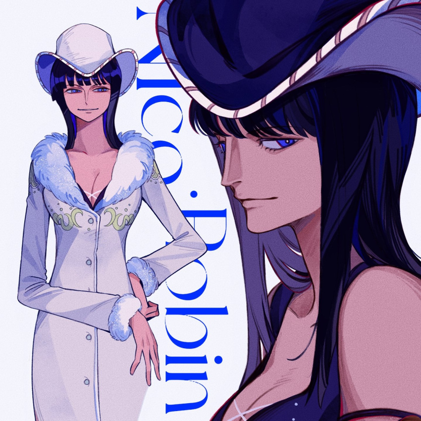 1girl, armlet, black_hair, blue_eyes, blunt_bangs, character_name, close-up, coat