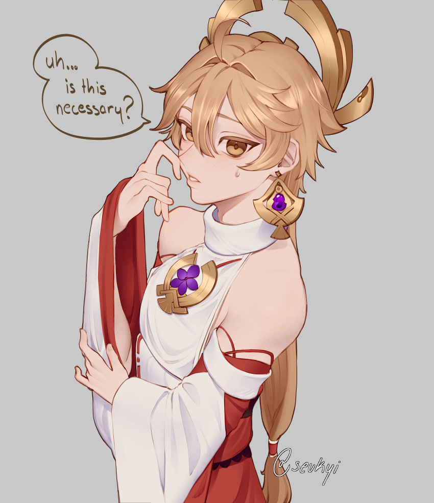 1boy, absurdres, aether_(genshin_impact), artist_name, bare_shoulders, blonde_hair, brown_eyes, cosplay