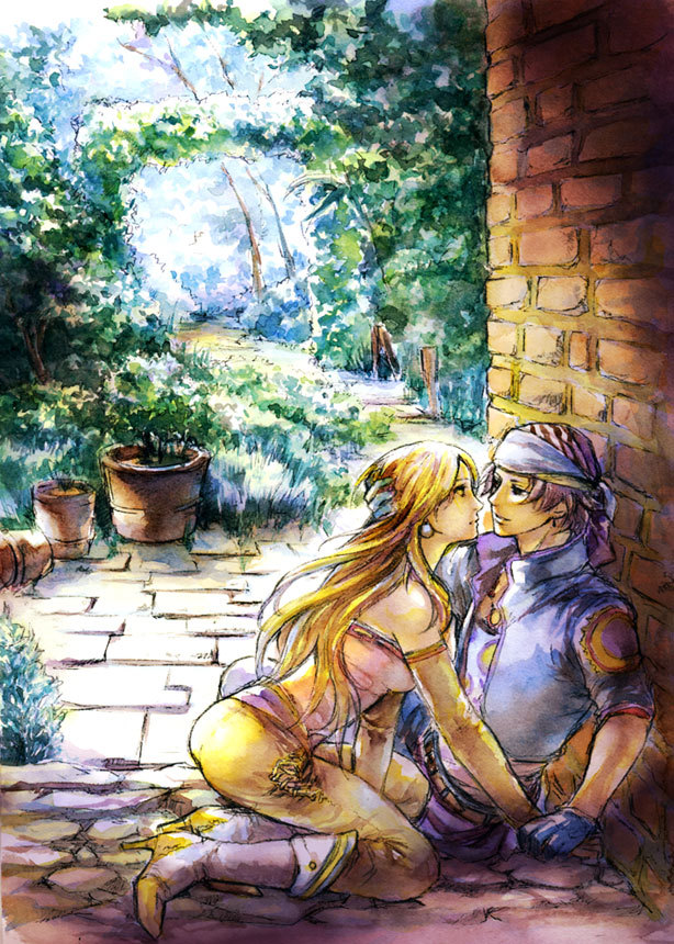 1girl, bad_id, bare_shoulders, blonde_hair, boots, celes_chere, couple, earrings, final_fantasy, final_fantasy_vi, gloves, high_heels, jewelry, koutoubu, lock_cole, long_hair, shoes, short_hair, smile