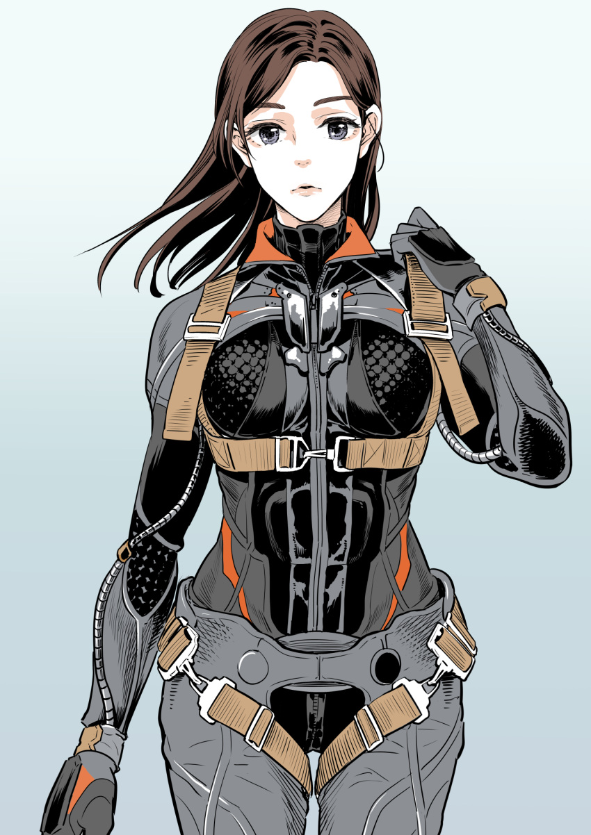 1girl, ace_combat, ace_combat_7, breasts, brown_hair, cosplay, gradient_background, grey_eyes