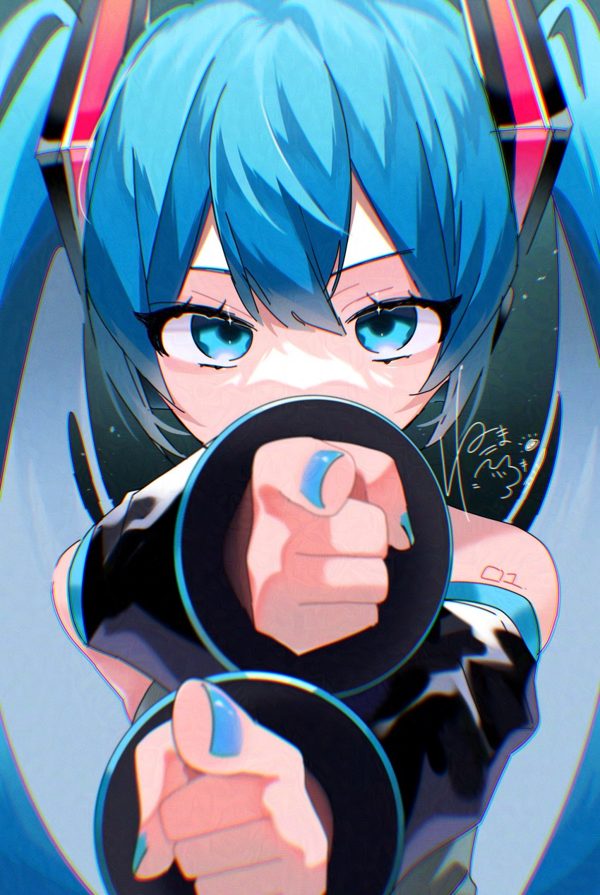 1girl, absurdres, akita_aaa, bare_shoulders, black_background, black_sleeves, blue_eyes, blue_hair, blue_nails, clenched_hands, covered_mouth, detached_sleeves, foreshortening, hair_between_eyes, hatsune_miku, highres, long_hair, long_sleeves, nail_polish, next_nest_(vocaloid), number_tattoo, outstretched_arms, pointing, pointing_at_viewer, serious, sidelocks, signature, simple_background, solo, tattoo, twintails, upper_body, vocaloid