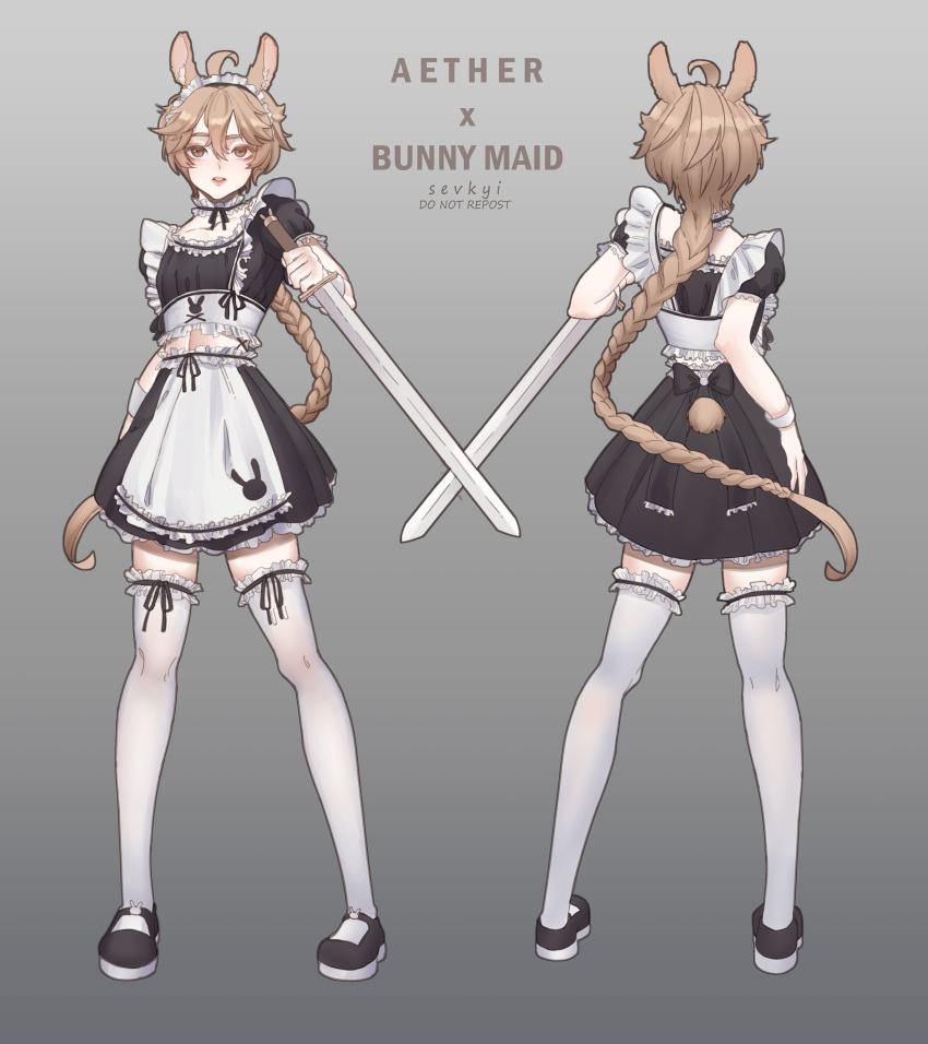 1boy, absurdres, aether_(genshin_impact), animal_ears, black_footwear, black_skirt, blonde_hair, braid