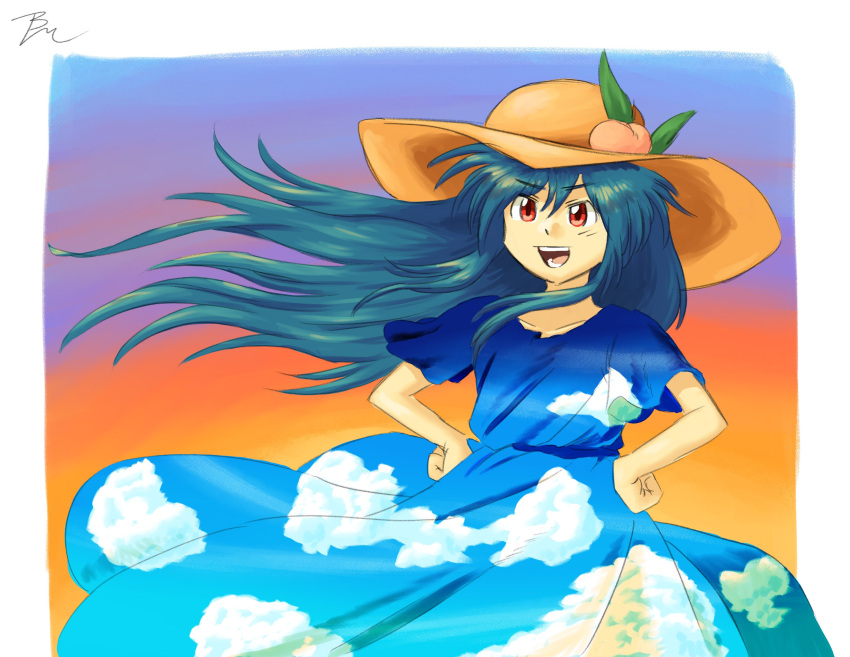1girl, absurdres, alternate_costume, blue_dress, blue_hair, bread_master, brown_headwear, commentary