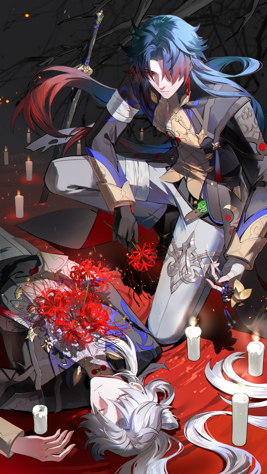 2boys, absurdres, bandaged_arm, bandaged_hand, bandaged_leg, bandages, bandages_over_clothes, belt, black_belt, black_footwear, black_gloves, black_jacket, blade_(honkai:_star_rail), blue_hair, blue_ribbon, branch, candle, chinese_commentary, closed_eyes, closed_mouth, commentary_request, death, earrings, embers, expressionless, eyelashes, fire, floating_hair, flower, folded_ponytail, gloves, gradient_hair, grey_pants, guaisanmu, hair_ornament, hair_over_one_eye, hand_up, highres, holding, holding_flower, holding_hair_ornament, honkai:_star_rail, honkai_(series), jacket, jewelry, kneeling, long_hair, long_sleeves, looking_down, lying, male_focus, multicolored_hair, multiple_boys, on_back, on_one_knee, one_eye_covered, pants, parted_bangs, planted, planted_sword, ponytail, red_eyes, red_flower, red_spider_lily, redhead, ribbon, shoes, sidelocks, single_glove, spider_lily, stud_earrings, sword, very_long_hair, weapon, white_hair, yingxing_(honkai:_star_rail)