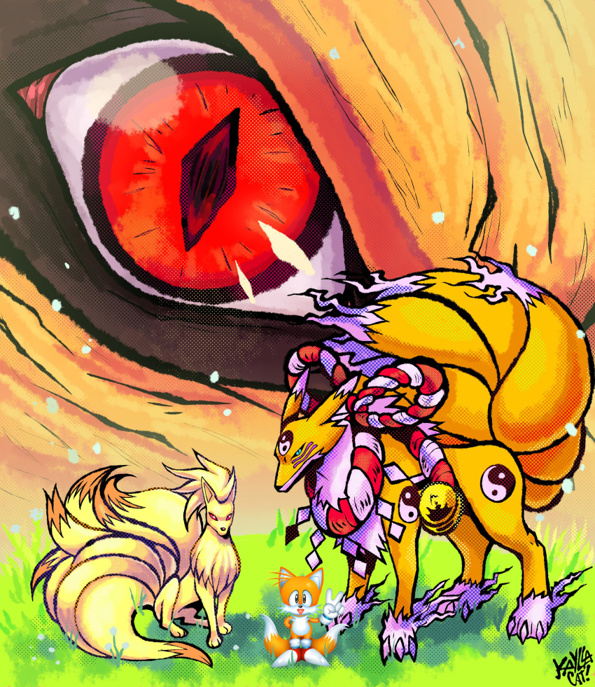 2boys, 2others, absurdres, crossover, digimon, extra_tails, fox, grass, highres, kaylla, kurama_(naruto), kyuubimon, multiple_boys, multiple_crossover, multiple_others, naruto_(series), ninetales, pokemon, pokemon_(creature), red_eyes, slit_pupils, sonic_(series), standing, tails_(sonic), trait_connection, v, yin_yang