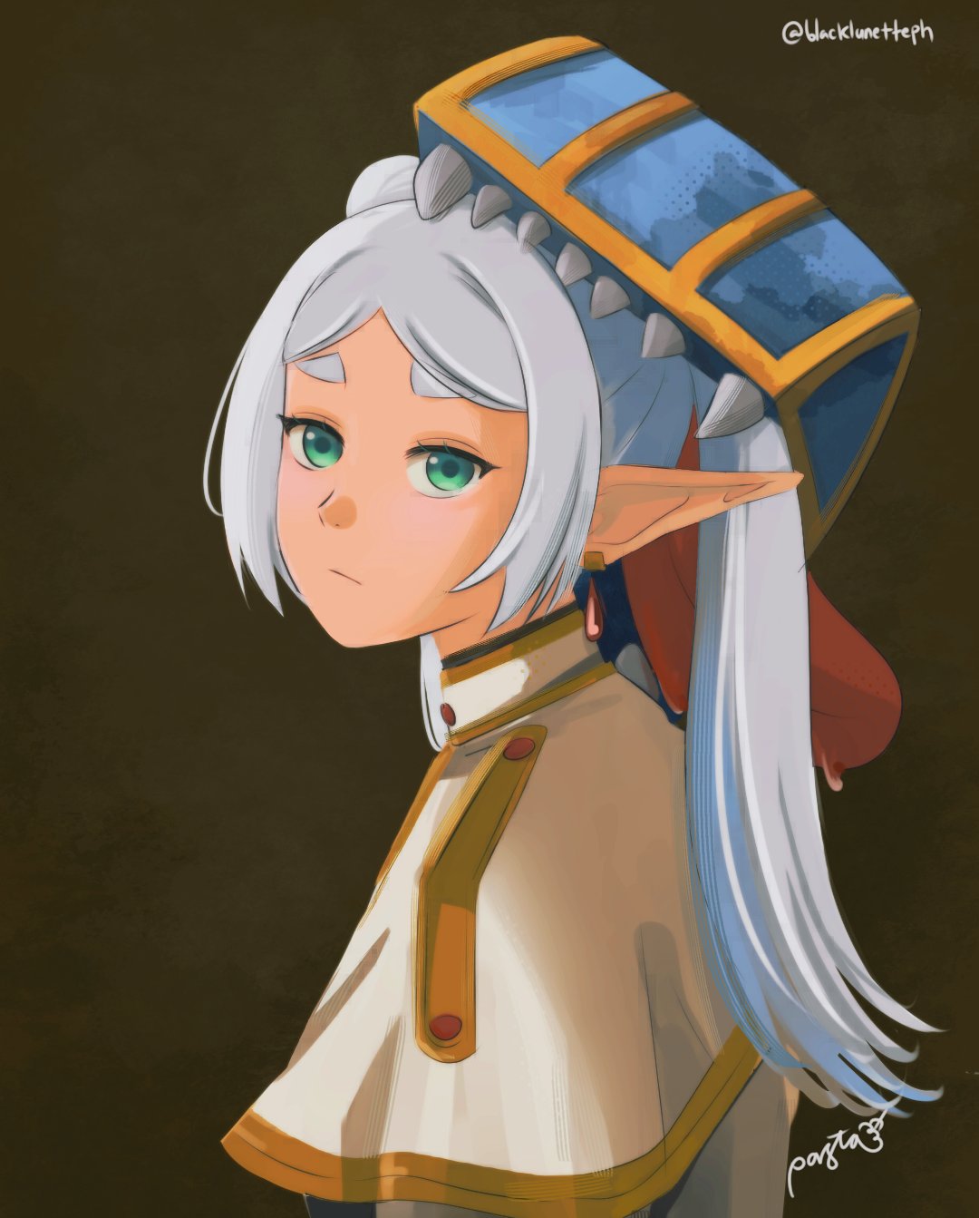 1girl, black_lunette, brown_background, capelet, closed_mouth, commentary, earrings, elf