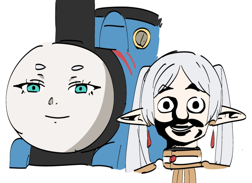 1boy, 1girl, aqua_eyes, commentary, crossover, drop_earrings, earrings, elf, faceswap, frieren, horror_(theme), jewelry, locomotive, looking_at_viewer, mechanization, parted_bangs, personification, perutore, pointy_ears, sanpaku, shaded_face, simple_background, smile, sousou_no_frieren, staring, steam_locomotive, teeth, thomas_the_tank_engine, thomas_the_tank_engine_(character), train, twintails, upper_teeth_only, white_background