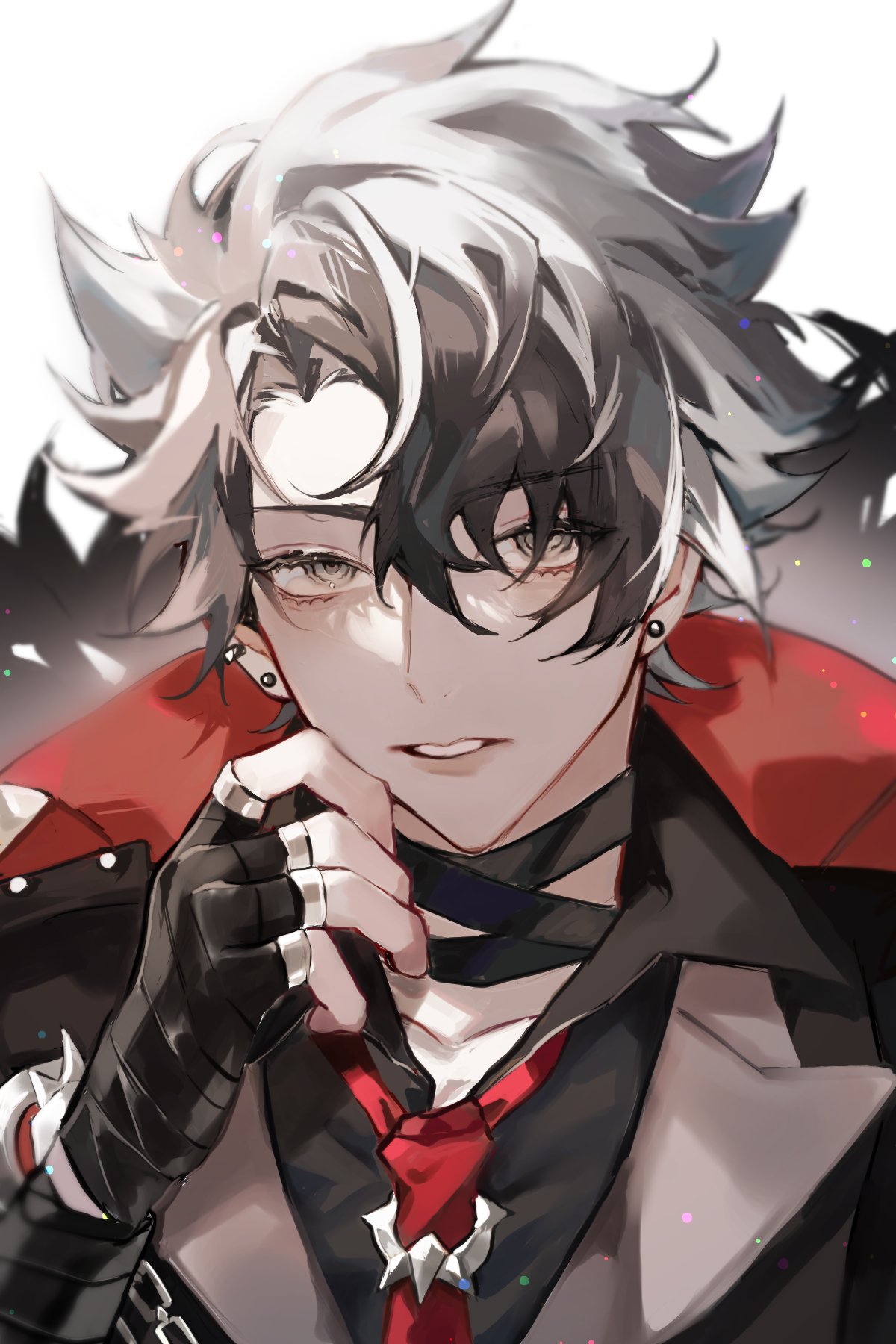 1boy, black_gloves, black_hair, black_shirt, dress_shirt, ear_piercing, earrings, fingerless_gloves