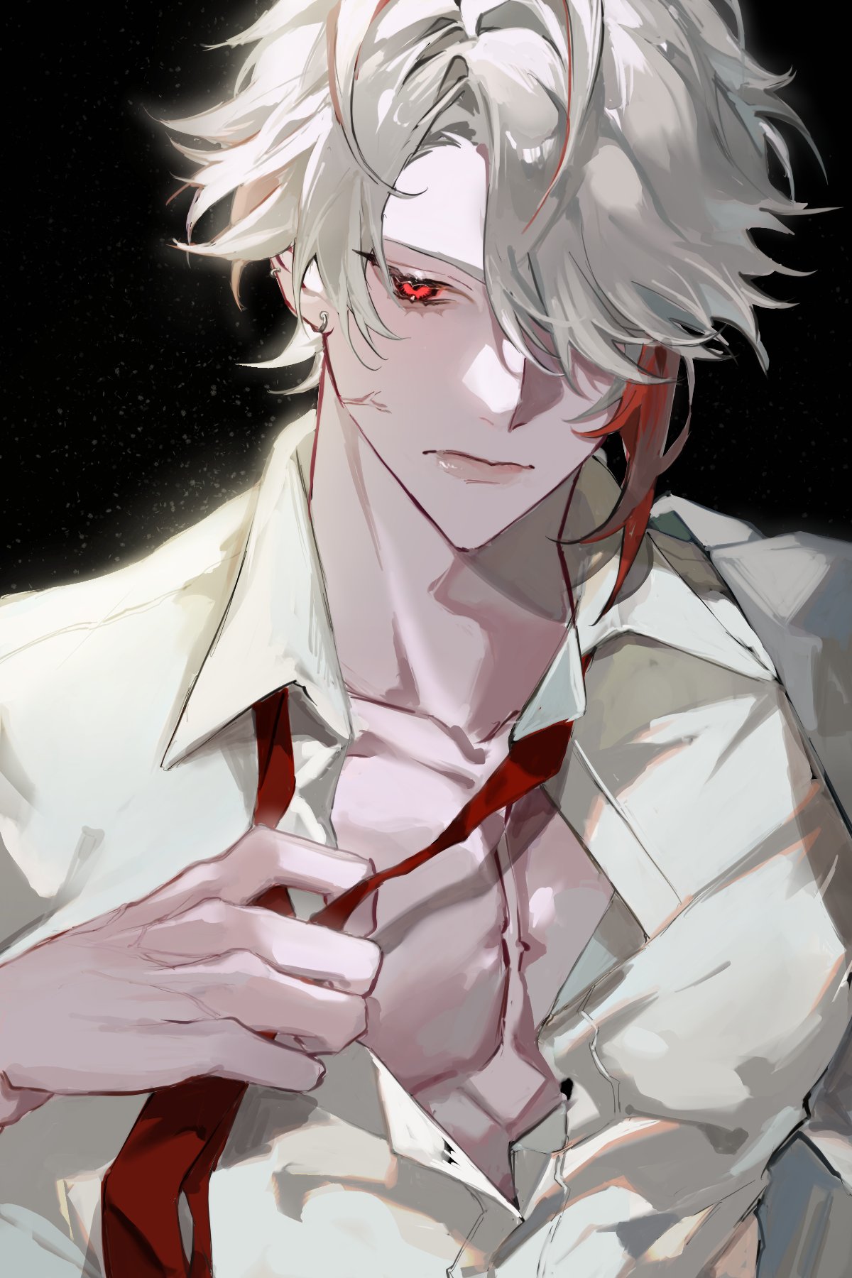 1boy, alhaitham_(genshin_impact), black_background, closed_mouth, dress_shirt, earrings, genshin_impact, hand_up