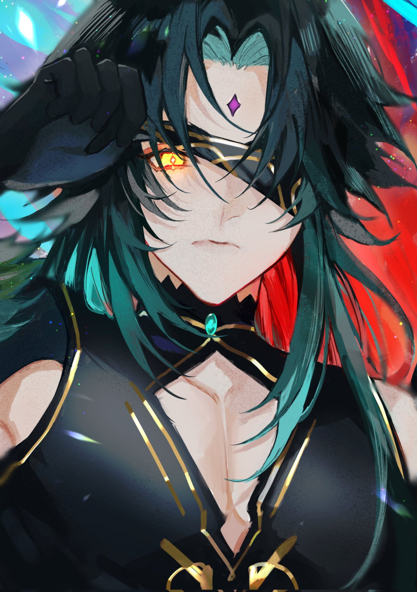 1boy, alternate_costume, black_hair, black_shirt, blindfold, blindfold_lift, closed_mouth, corrupted_twitter_file