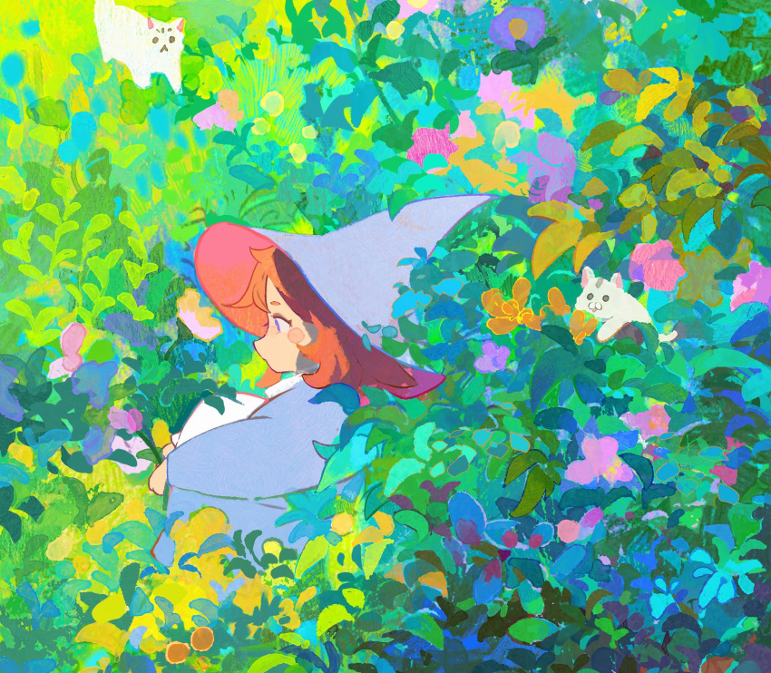 1girl, blush_stickers, bush, cat, commentary, flower, from_side, hat