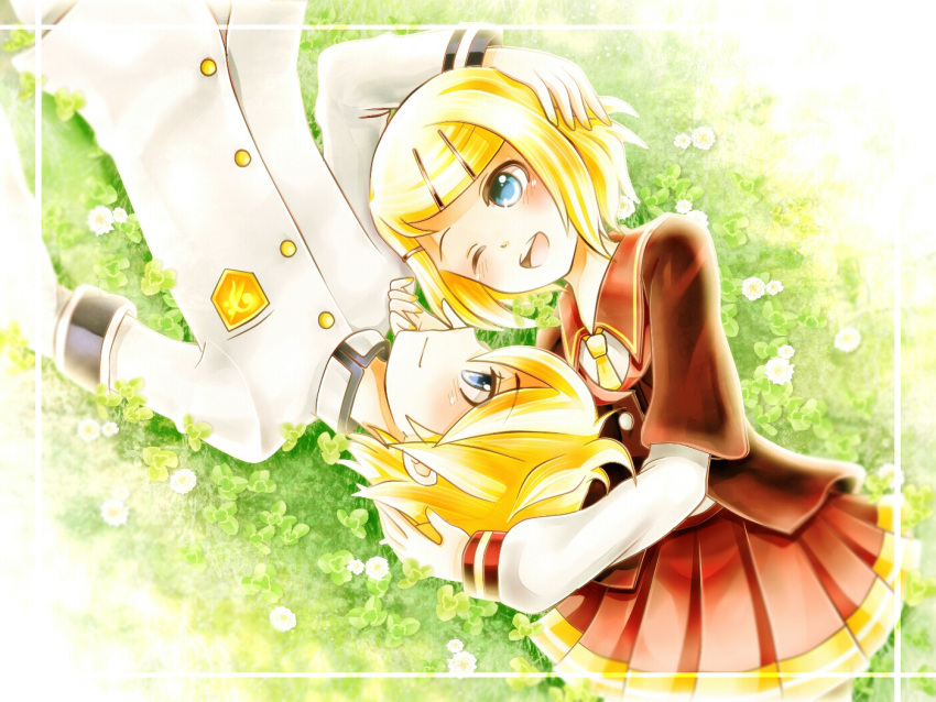 1boy, 1girl, :d, blazer, blonde_hair, blue_eyes, blush, brown_jacket