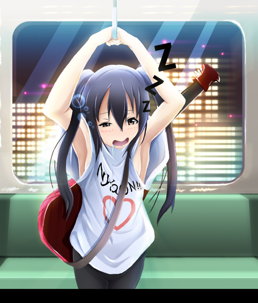 arms_up, black_eyes, black_hair, drooling, guitar, heart, highres, instrument