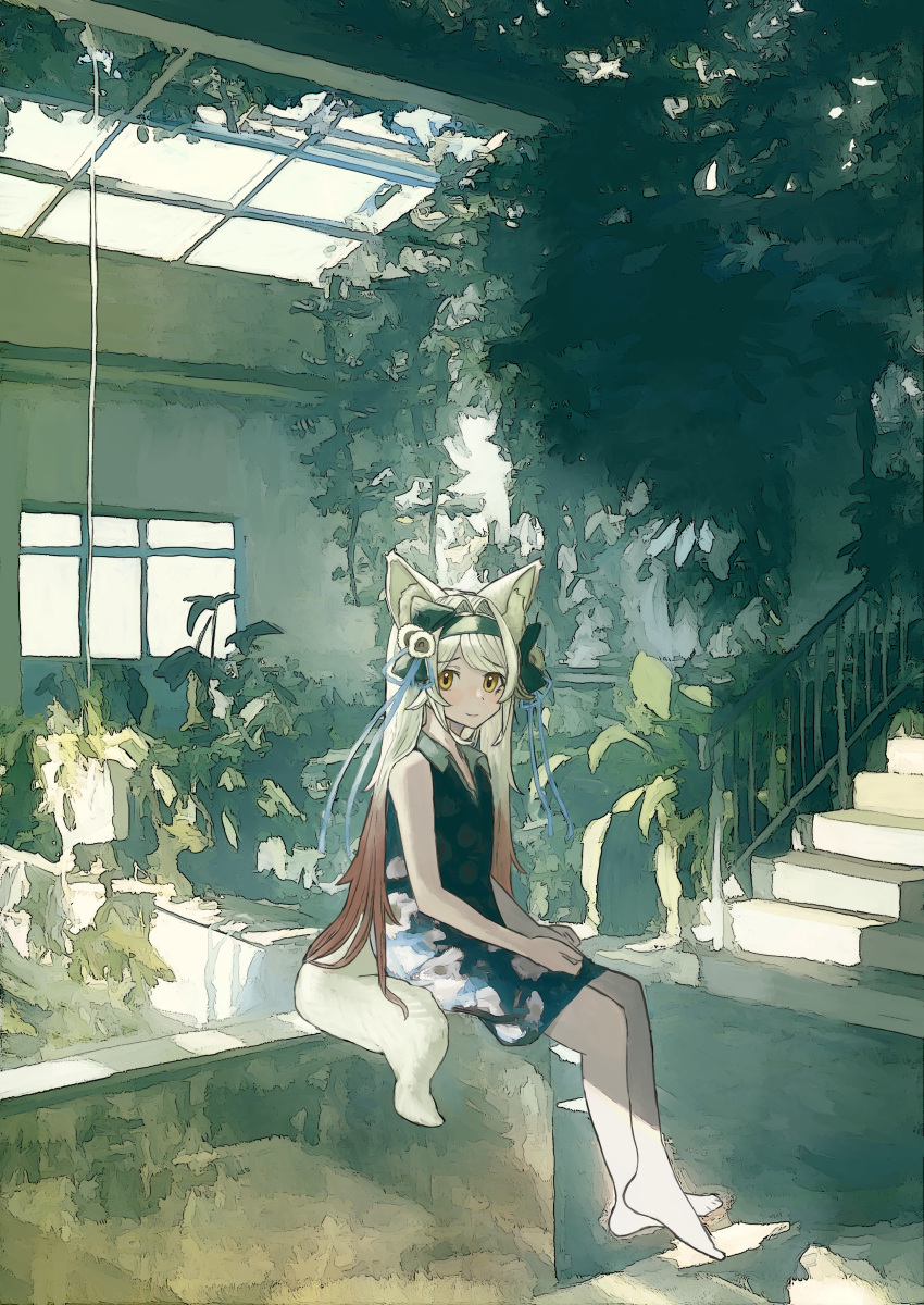 1girl, absurdres, animal_ears, bare_arms, bare_shoulders, barefoot, blonde_hair, closed_mouth