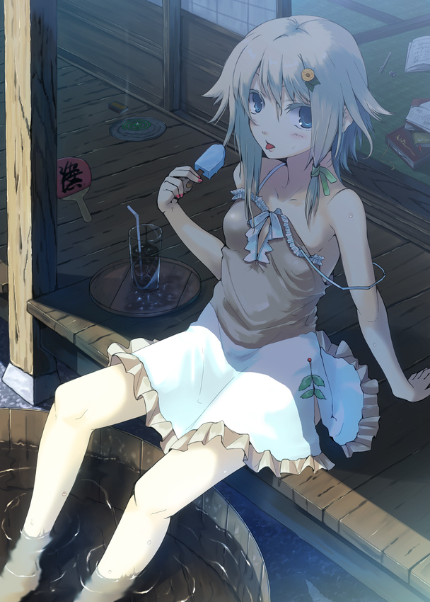 blue_eyes, drink, feet_in_water, flat_chest, original, popsicle, short_hair, silver_hair
