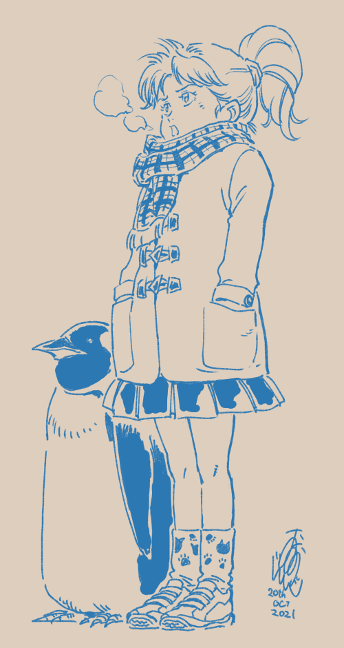 1girl, animal_print, bird, cat_print, coat, dated, full_body, greyscale