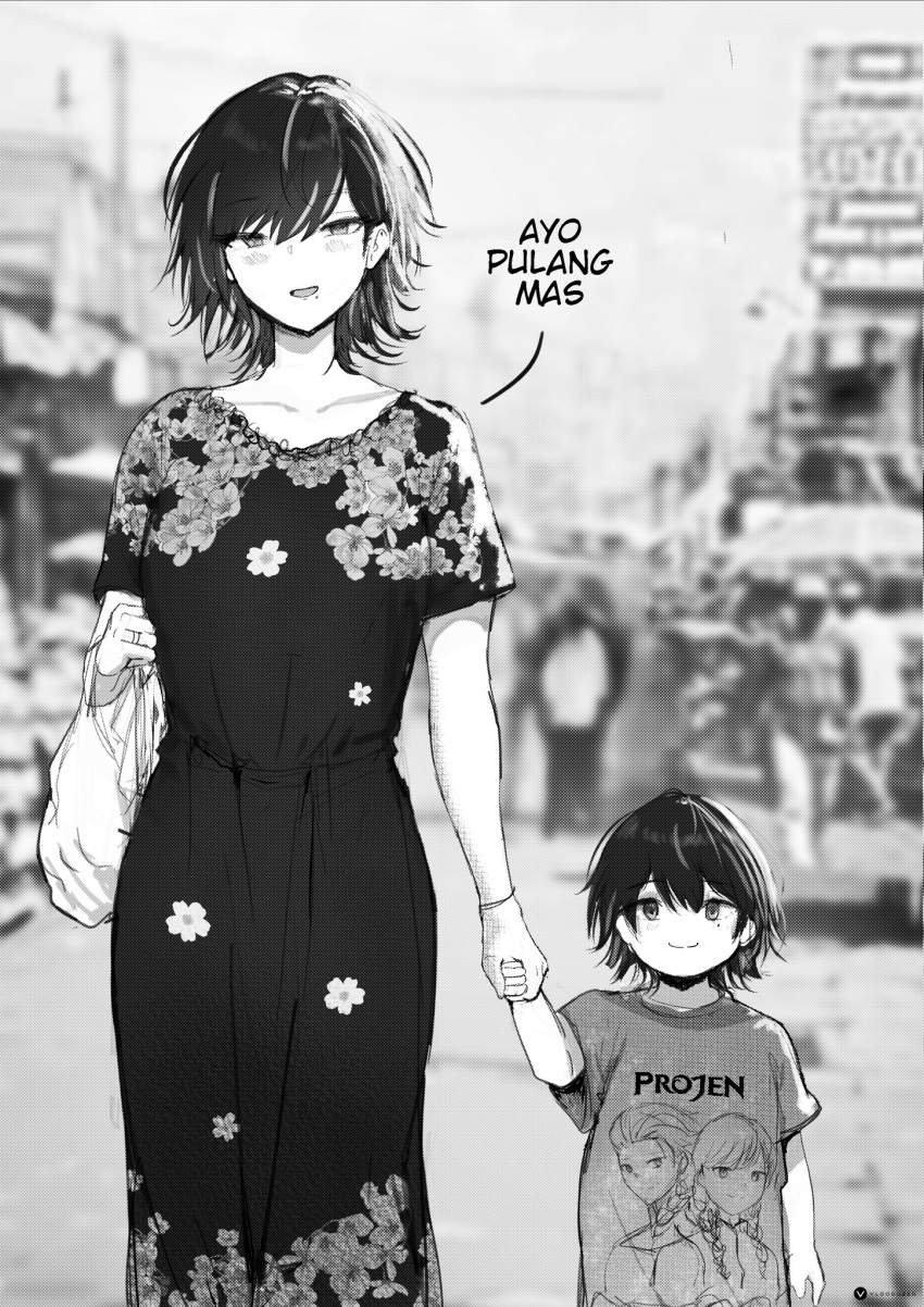 2girls, artist_logo, bag, blush, closed_mouth, collarbone, commentary_request, dress