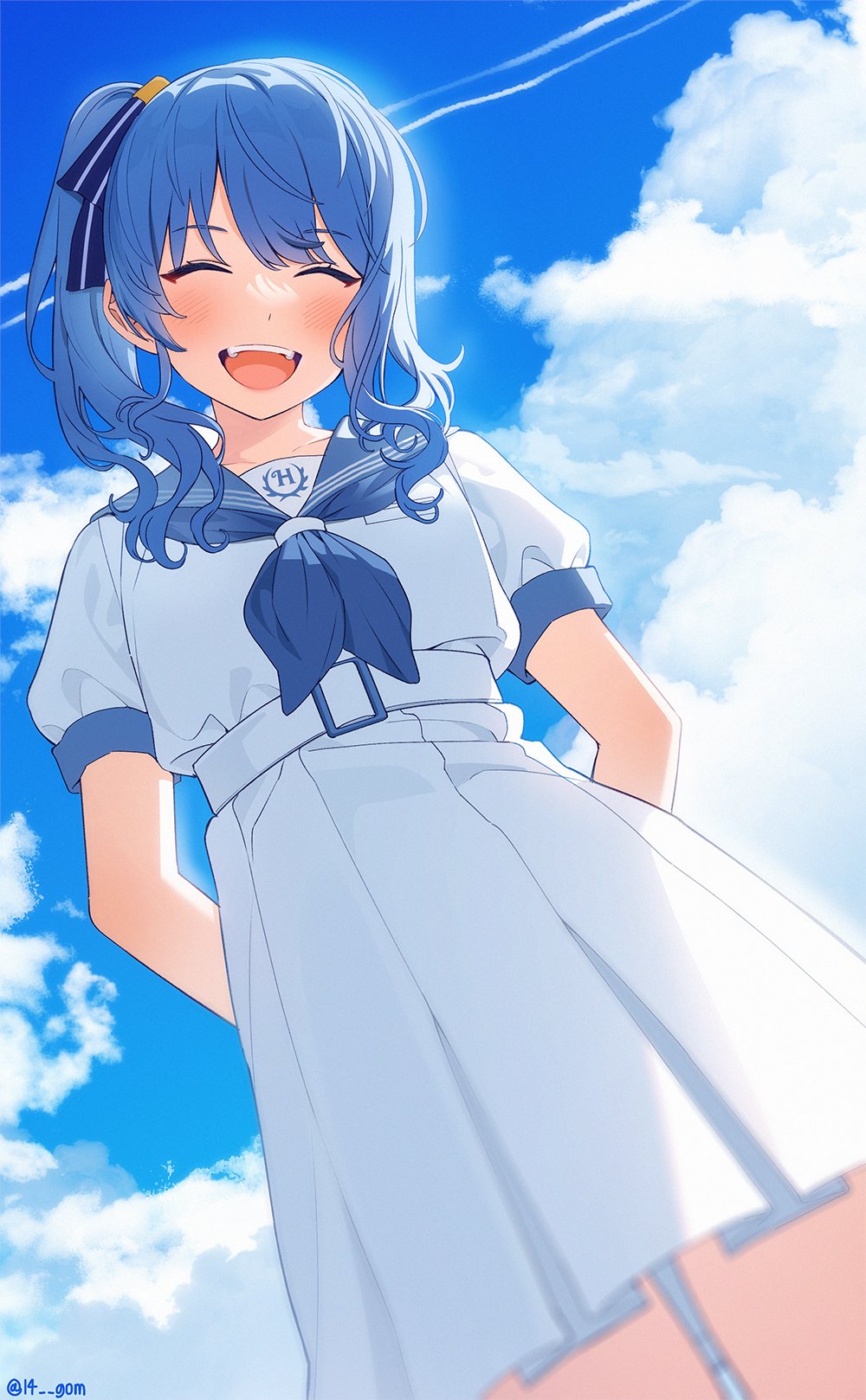 14_(vision5032), 1girl, :d, aqua_sailor_collar, arm_behind_back, belt, blue_eyes, blue_hair, blue_neckerchief, blue_ribbon, blush, closed_eyes, clouds, cloudy_sky, collarbone, commentary_request, contrail, day, from_below, hair_between_eyes, hair_over_shoulder, hair_ribbon, hashtag_only_commentary, highres, holohoneygaoka_high_school_uniform, holohoneygaoka_koukou, hololive, hoshimachi_suisei, knees_out_of_frame, long_hair, neckerchief, official_alternate_costume, official_art, outdoors, pleated_skirt, puffy_short_sleeves, puffy_sleeves, ribbon, sailor_collar, school_uniform, serafuku, shirt, short_sleeves, side_ponytail, sidelocks, skirt, sky, smile, solo, standing, teeth, twitter_username, upper_teeth_only, virtual_youtuber, white_belt, white_serafuku, white_shirt, white_skirt