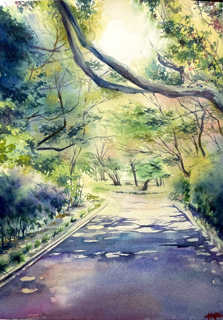 bush, dappled_sunlight, day, forest, grass, hedge, highres, nature, no_humans, original, plant, road, scenery, shibakaka, sunlight, tree