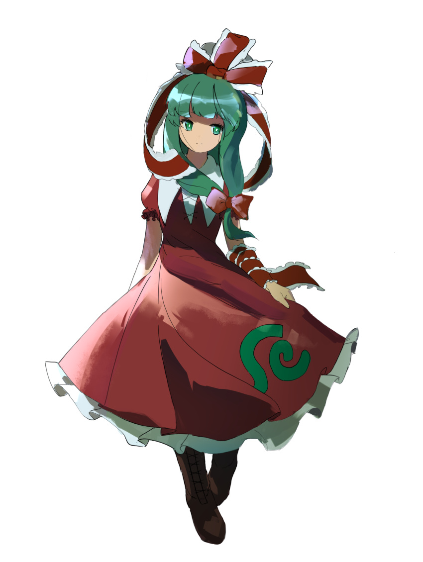 1girl, acor, arm_ribbon, boots, bow, brown_footwear, dress, frilled_bow