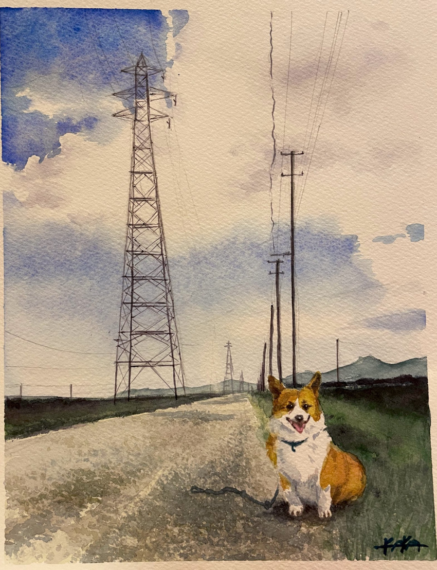 animal, dog, highres, mountain, mountainous_horizon, no_humans, original, painting_(medium)