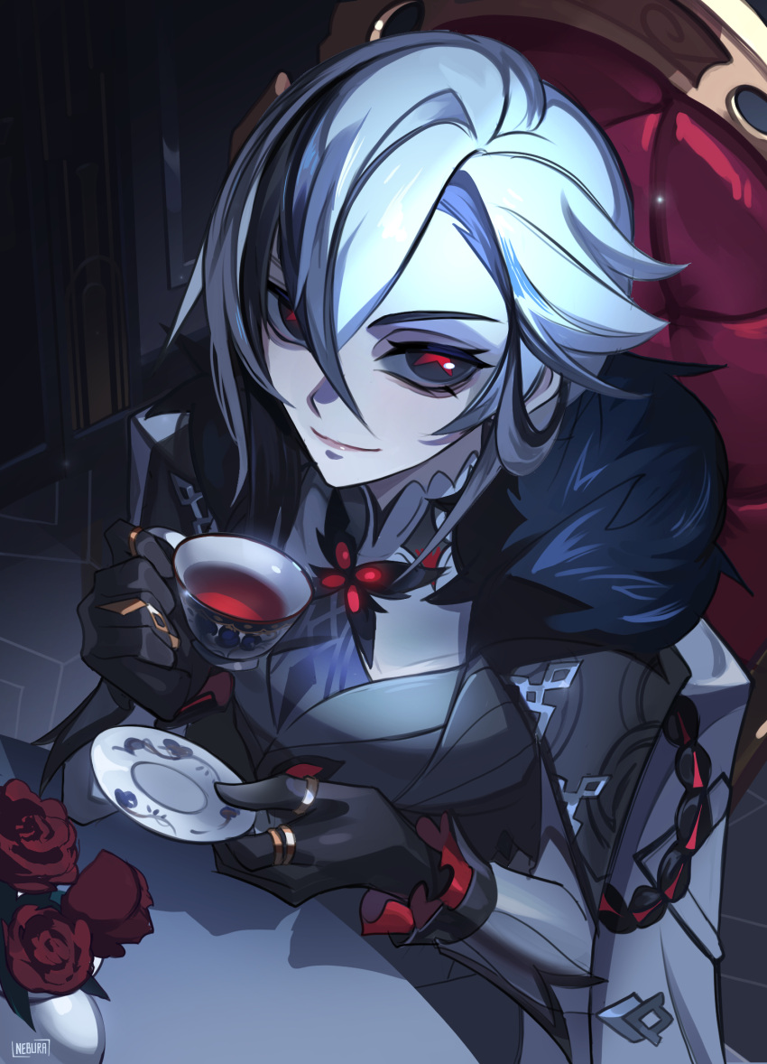 1girl, arlecchino_(genshin_impact), black_eyes, black_hair, commentary, cup, genshin_impact, grey_hair