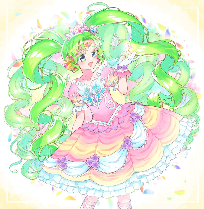 1girl, :d, colored_eyelashes, commentary_request, cowboy_shot, dress, falulu, falulu_(awakened)