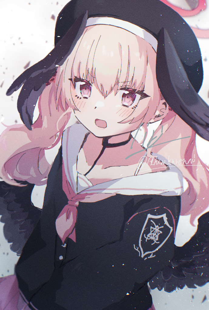 1girl, beret, black_headwear, black_shirt, black_wings, blue_archive, blush, feathered_wings
