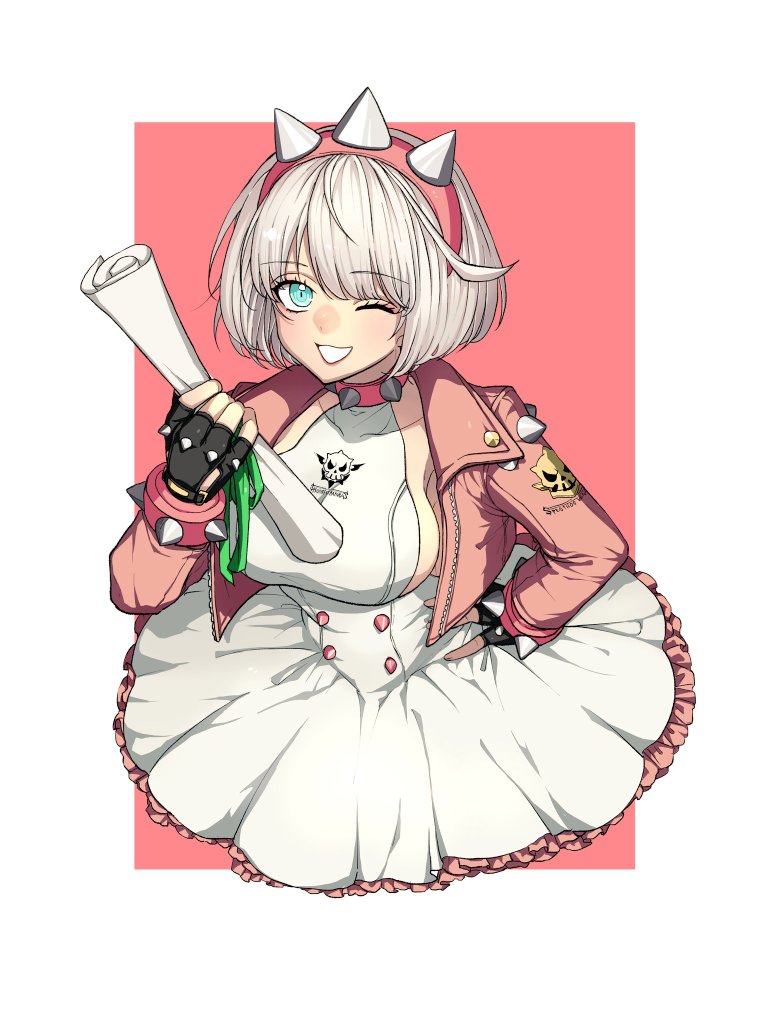 1girl, ahoge, black_gloves, blue_eyes, bracelet, breasts, collar, dress, ebi_pri_shrimp, elphelt_valentine, fingerless_gloves, frilled_dress, frills, gloves, guilty_gear, guilty_gear_strive, hairband, huge_ahoge, jacket, jewelry, large_breasts, long_sleeves, looking_at_viewer, one_eye_closed, pink_dress, pink_hairband, pink_jacket, short_hair, sideboob, skull_print, smile, solo, spiked_bracelet, spiked_collar, spiked_hairband, spiked_jacket, spikes, two-tone_dress, white_dress, white_hair