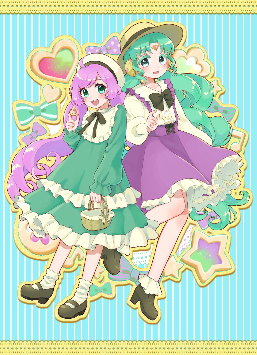2girls, :d, ahoge, basket, beret, black_footwear, black_ribbon, blue_background, collared_dress, collared_shirt, colored_eyelashes, commentary_request, cookie, dress, falulu, falulu_(awakened), food, forehead_jewel, frilled_dress, frilled_skirt, frills, full_body, green_hair, hand_up, hat, headphones, highres, holding, holding_basket, holding_food, jinno_(jin_c_kkry), long_hair, long_sleeves, looking_at_viewer, manaka_laala, mary_janes, multiple_girls, neck_ribbon, open_mouth, outline, parted_bangs, pretty_series, pripara, puffy_long_sleeves, puffy_sleeves, purple_hair, purple_skirt, ribbon, shirt, shoes, sidelocks, skirt, smile, socks, standing, standing_on_one_leg, striped_background, sun_hat, suspender_skirt, suspenders, twintails, very_long_hair, white_shirt, white_socks, yellow_outline
