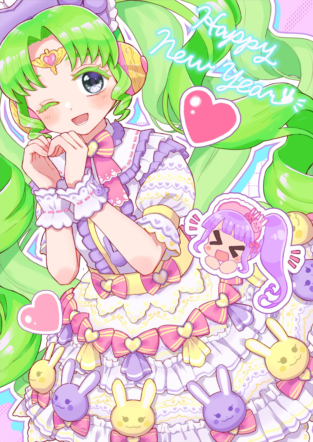 >_<, 2girls, :d, ;d, animal_print, blush, chibi, chibi_inset
