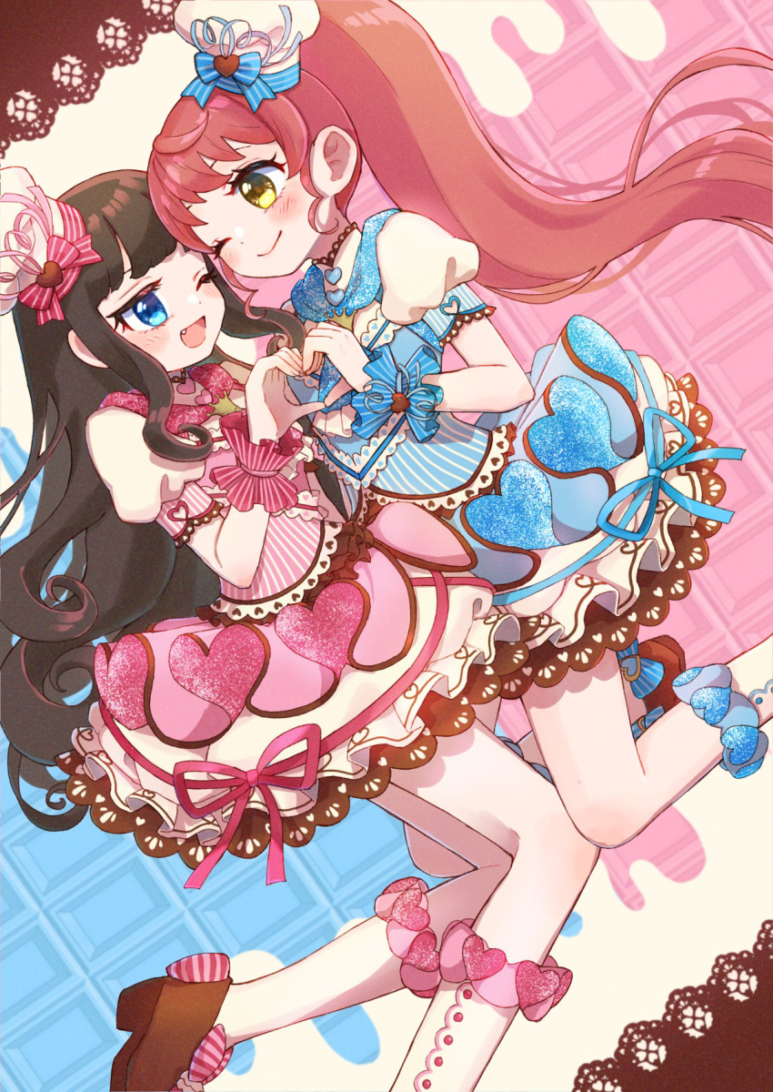 2girls, ;d, blue_dress, blue_eyes, blue_ribbon, blush, brown_footwear, brown_hair