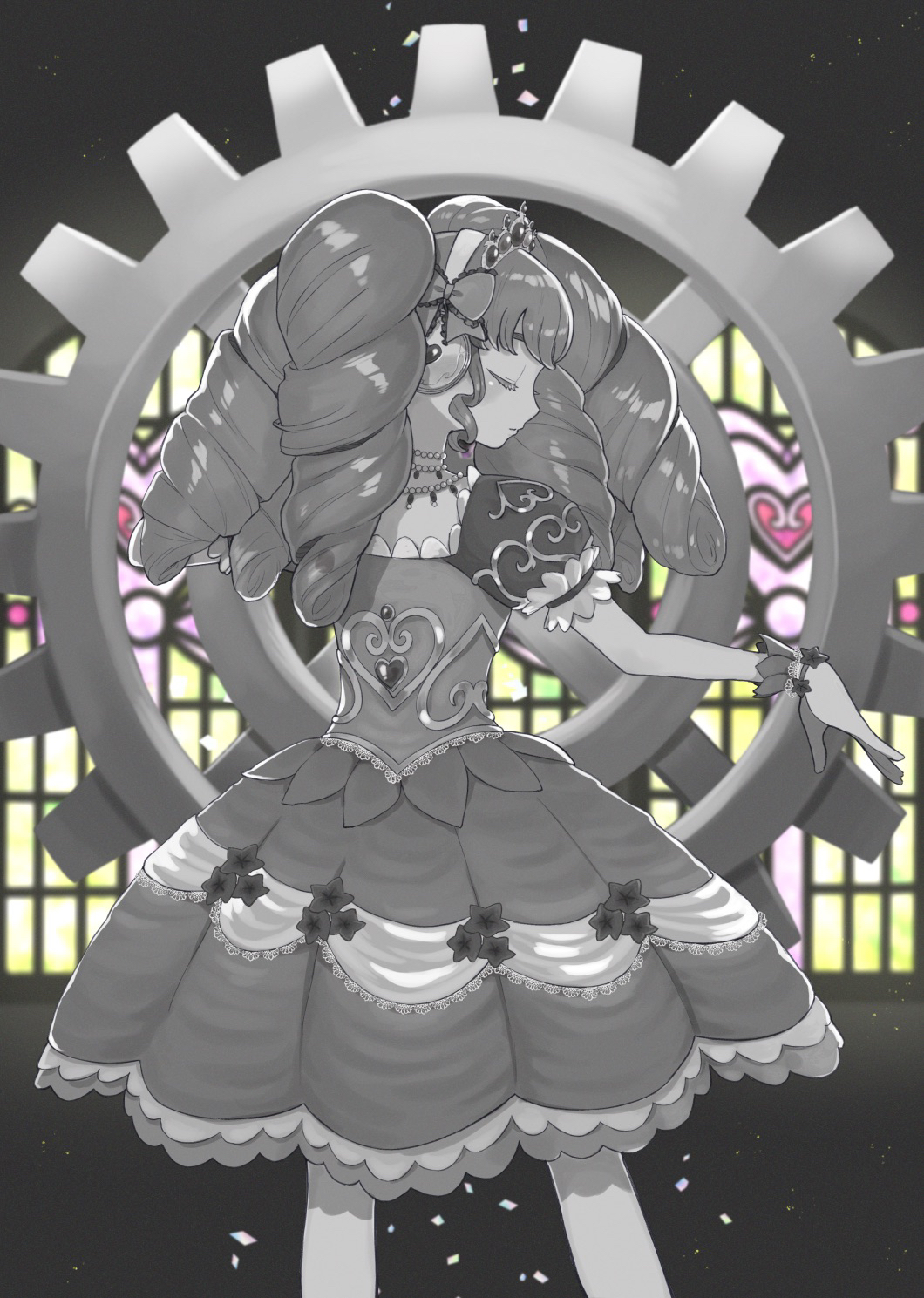 1girl, bow, closed_eyes, closed_mouth, commentary_request, dress, facing_to_the_side, falulu