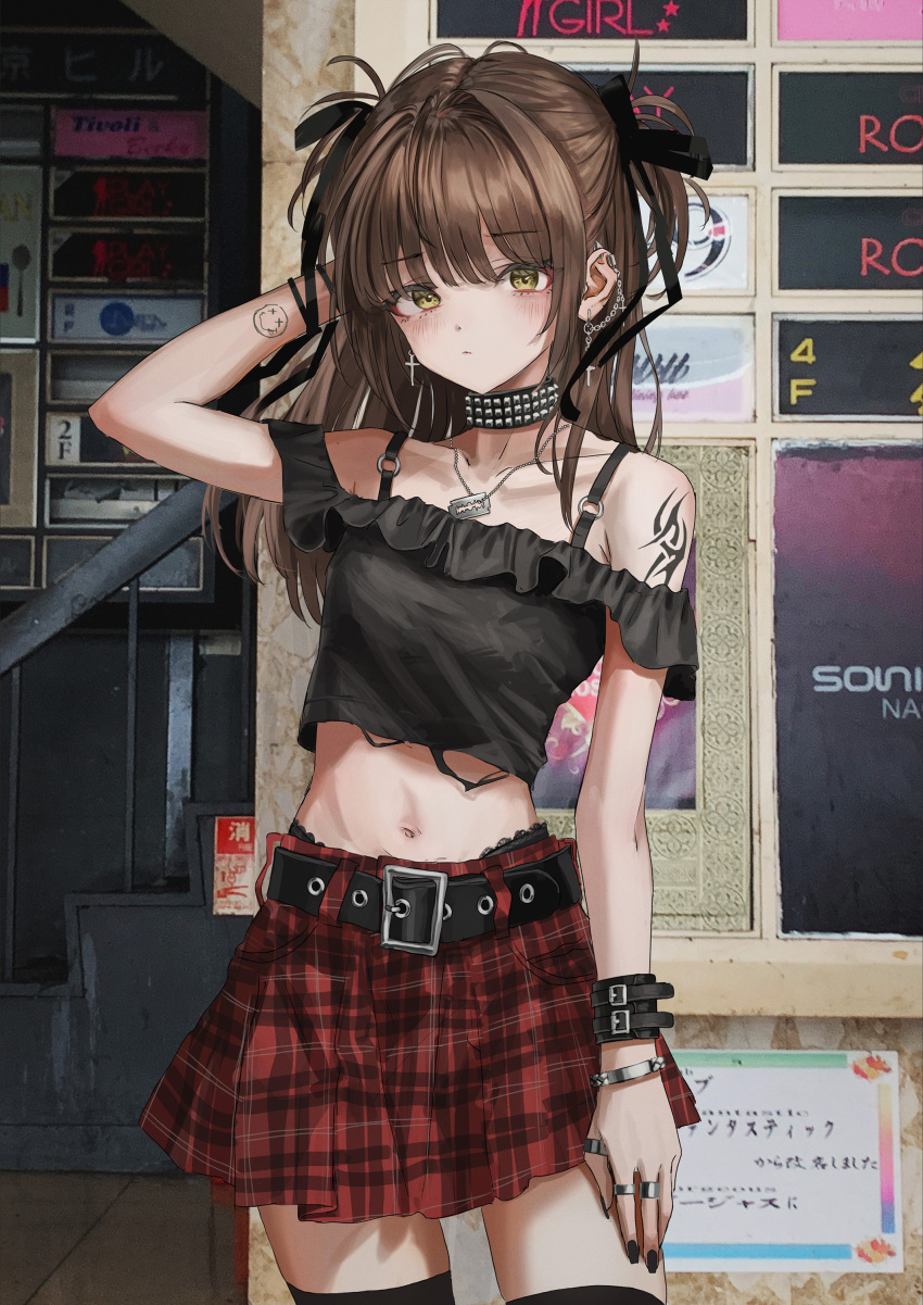 1girl, absurdres, adjusting_hair, arm_tattoo, black_nails, black_shirt, black_thighhighs, brown_hair, crop_top, green_eyes, highres, jewelry, midriff, nadegata, necklace, off-shoulder_shirt, off_shoulder, original, plaid, plaid_skirt, punk_lolita, razor_blade, razor_blade_necklace, red_skirt, shirt, skirt, smiley_face, solo, stomach, tattoo, thigh-highs