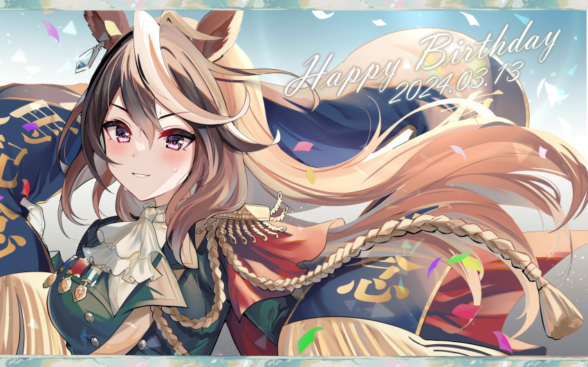 1girl, absurdres, aiguillette, animal_ears, ascot, breasts, brown_hair, ear_ornament