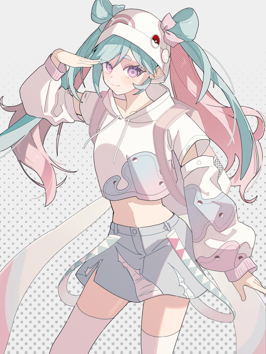 1girl, absurdres, aqua_hair, beanie, cropped_hoodie, detached_sleeves, gradient_background, hair_between_eyes