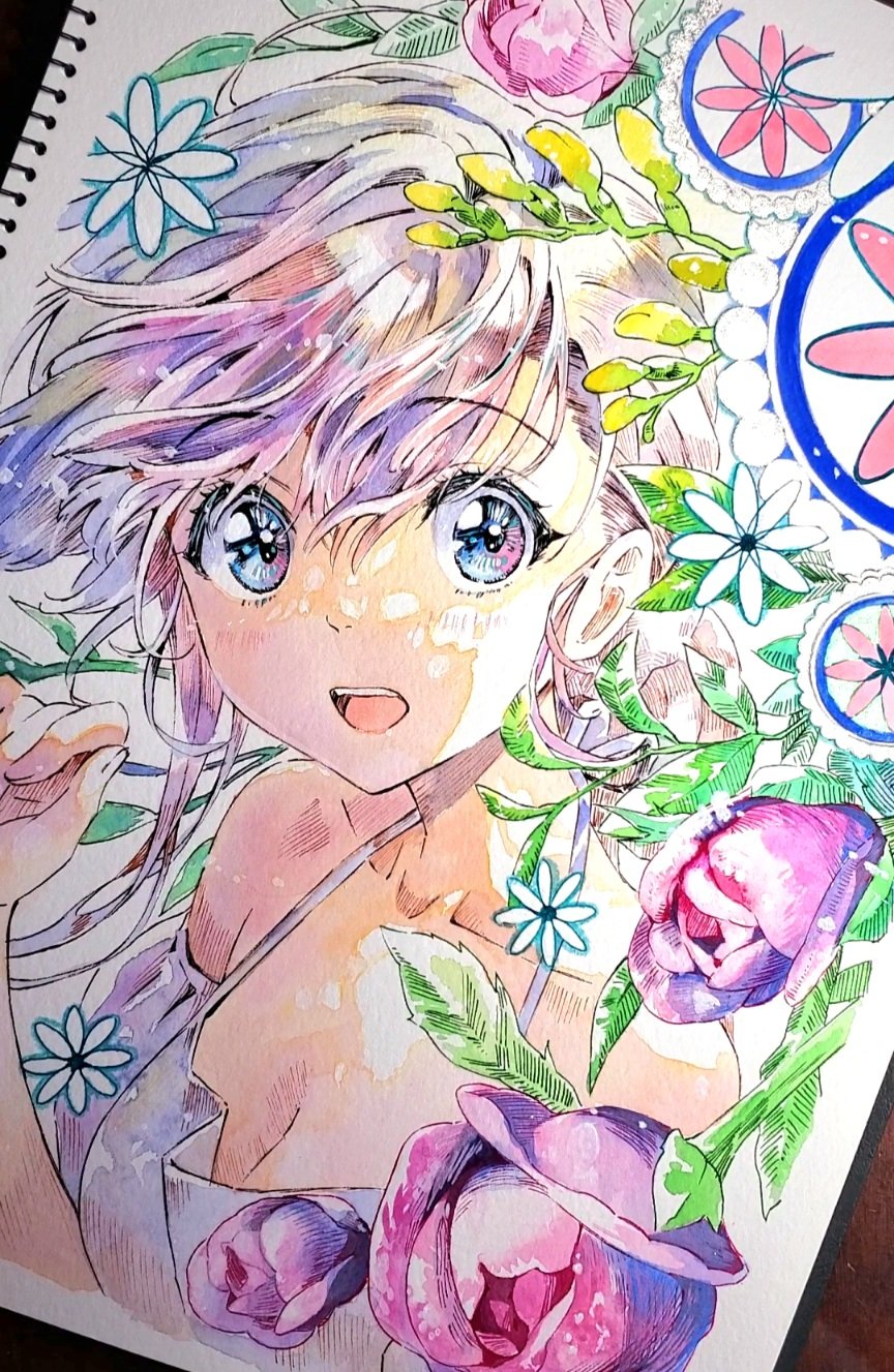 1girl, bare_shoulders, blue_eyes, branch, detached_sleeves, dress, flower, highres
