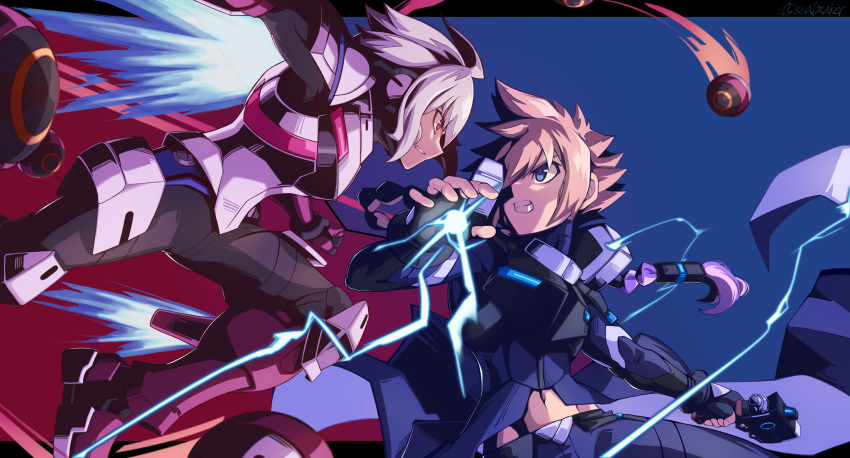 2boys, absurdres, acura_(gunvolt), ahoge, armor, artist_name, azure_striker_gunvolt, azure_striker_gunvolt_2