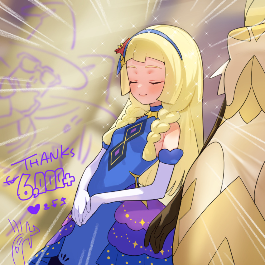 2girls, blonde_hair, blue_dress, blue_hairband, blush, braid, closed_eyes, closed_mouth