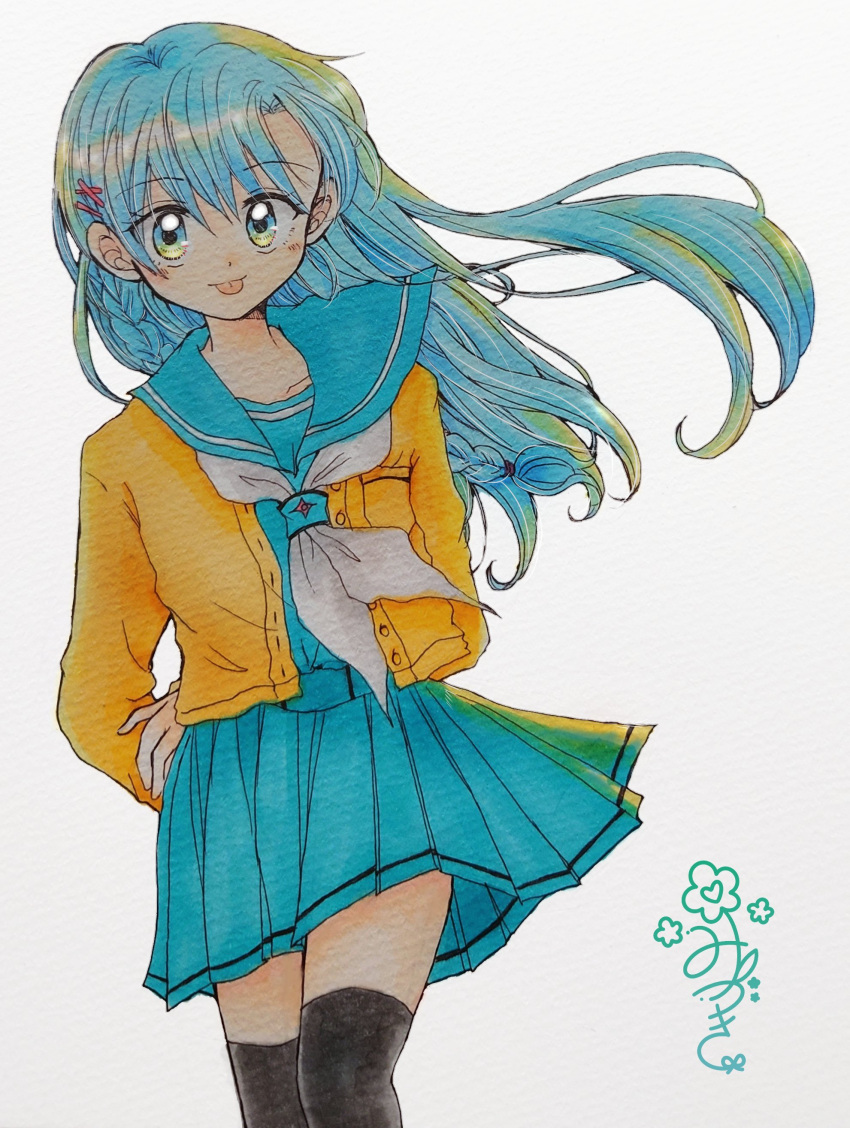 1girl, absurdres, arms_behind_back, artist_logo, black_thighhighs, blue_eyes, blue_sailor_collar, blue_serafuku