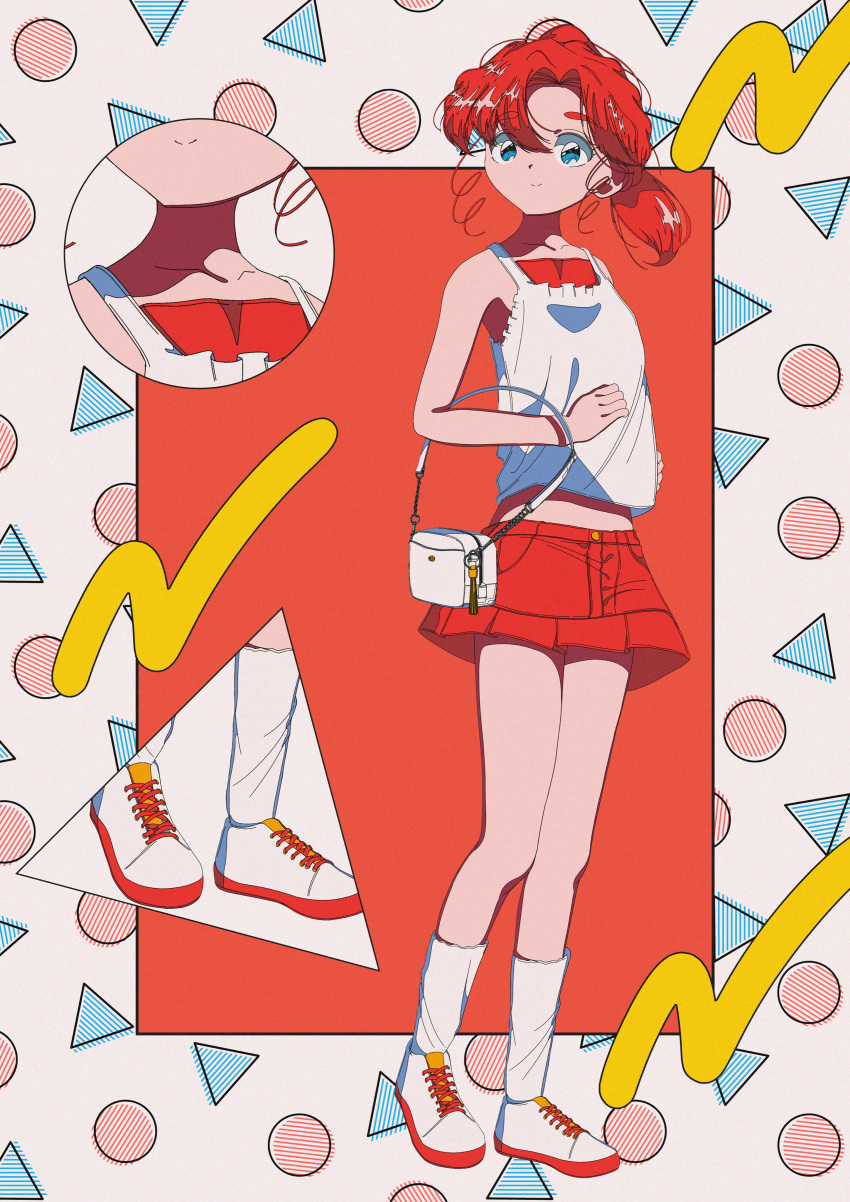 1girl, absurdres, aqua_eyes, bag, border, camisole, collarbone, full_body
