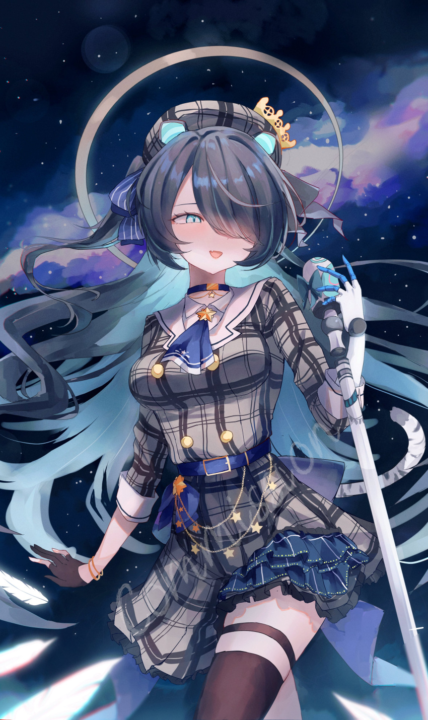 1girl, absurdres, belt, beret, black_gloves, black_hair, black_thighhighs, blue_belt