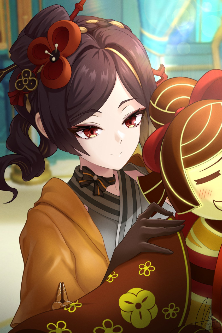 1girl, brown_hair, chiori_(genshin_impact), commentary, dasoin, eyeshadow, genshin_impact, grey_kimono